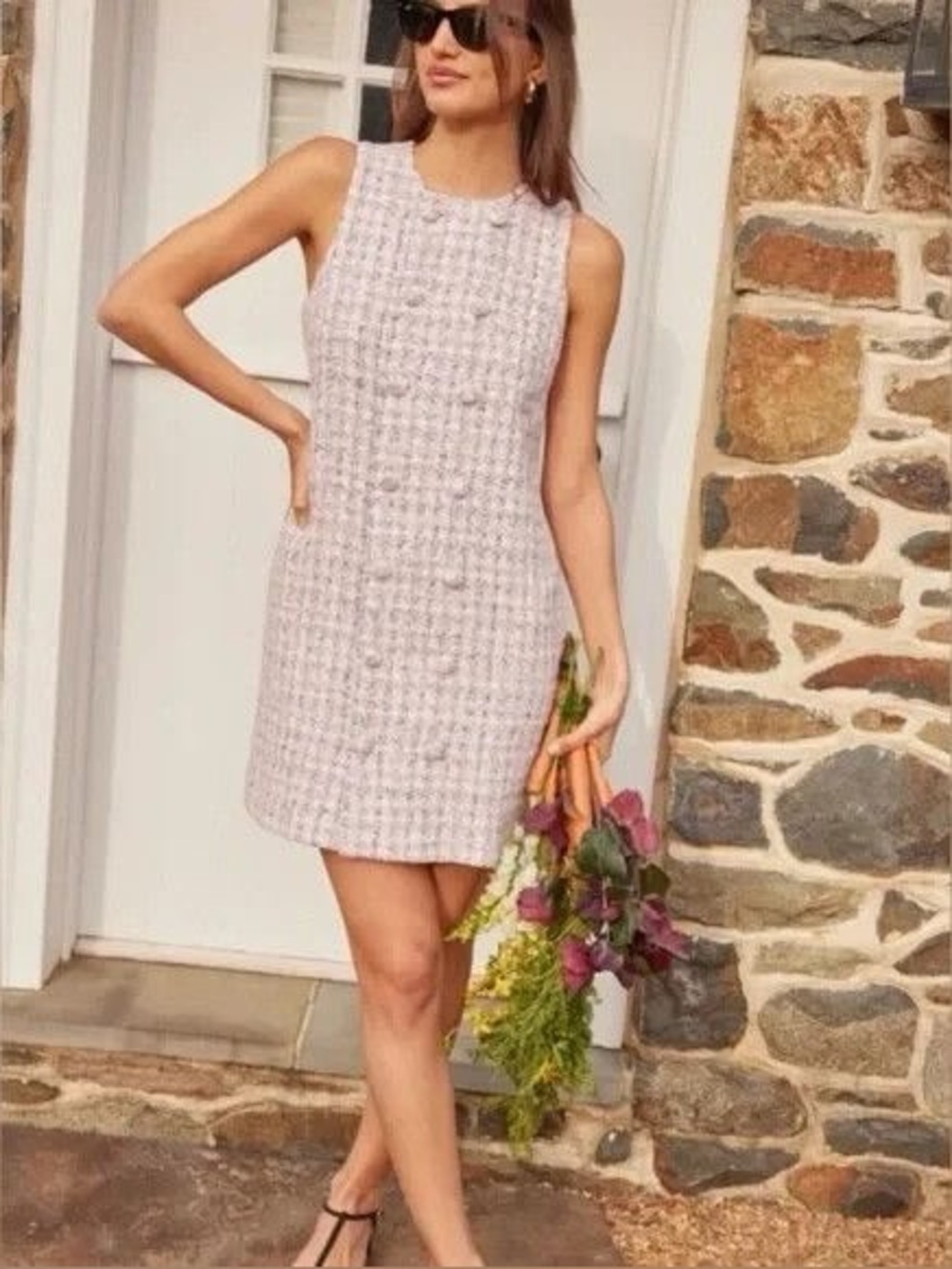 Pomander Place Pink Tweed Double-Breasted Shift Dress